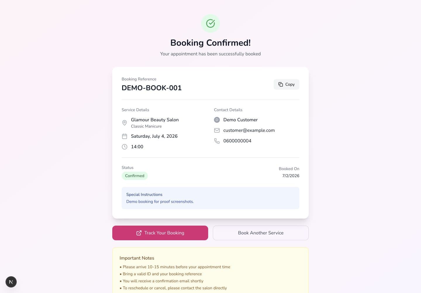 Beauty Salon Management Platform booking confirmation screen