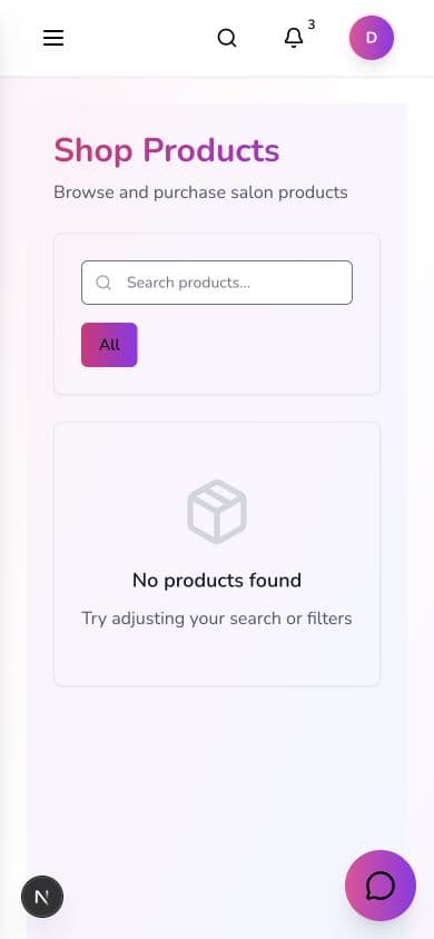 Beauty Salon Management Platform mobile customer products screen