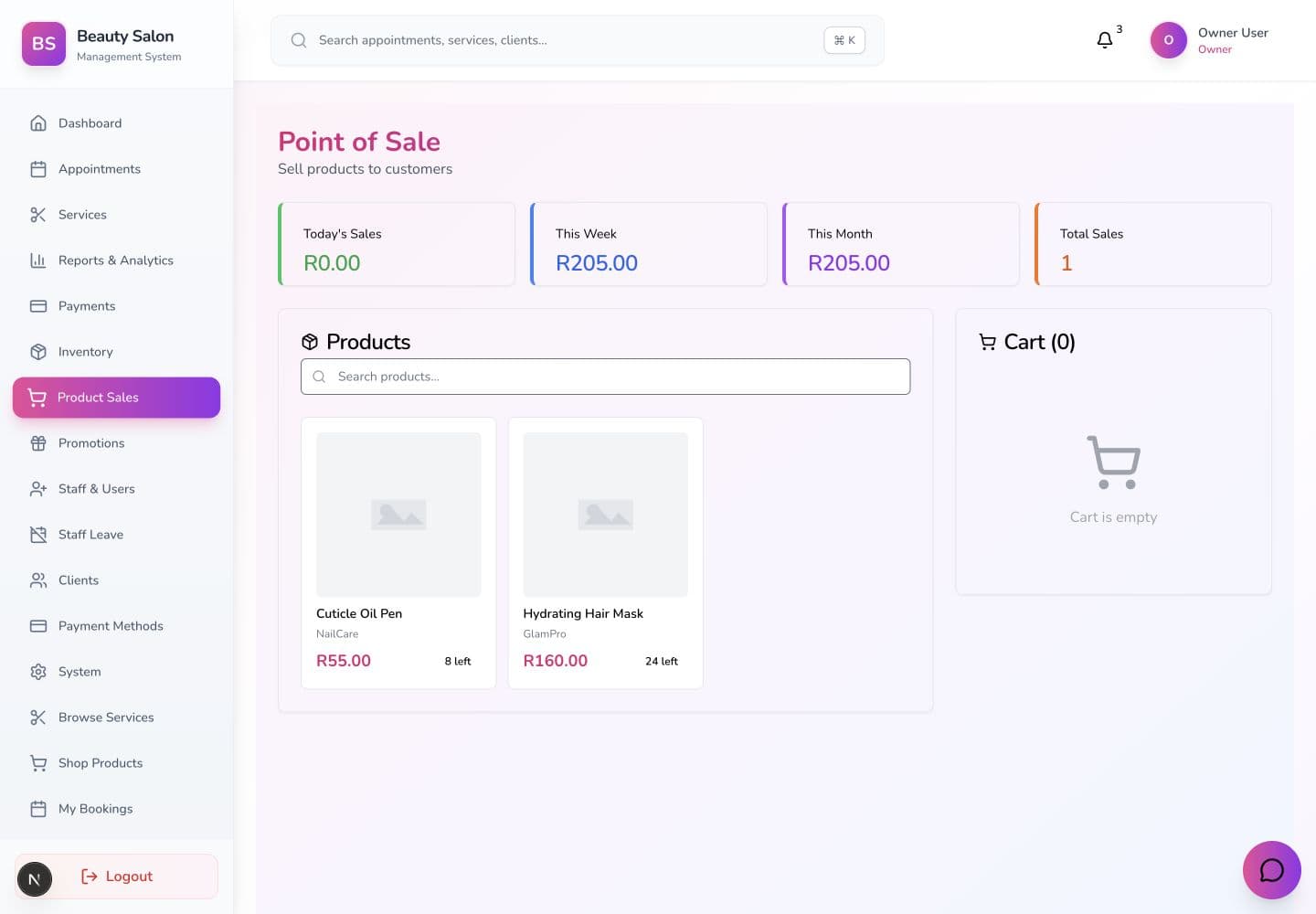 Beauty Salon Management Platform product sales point of sale screen