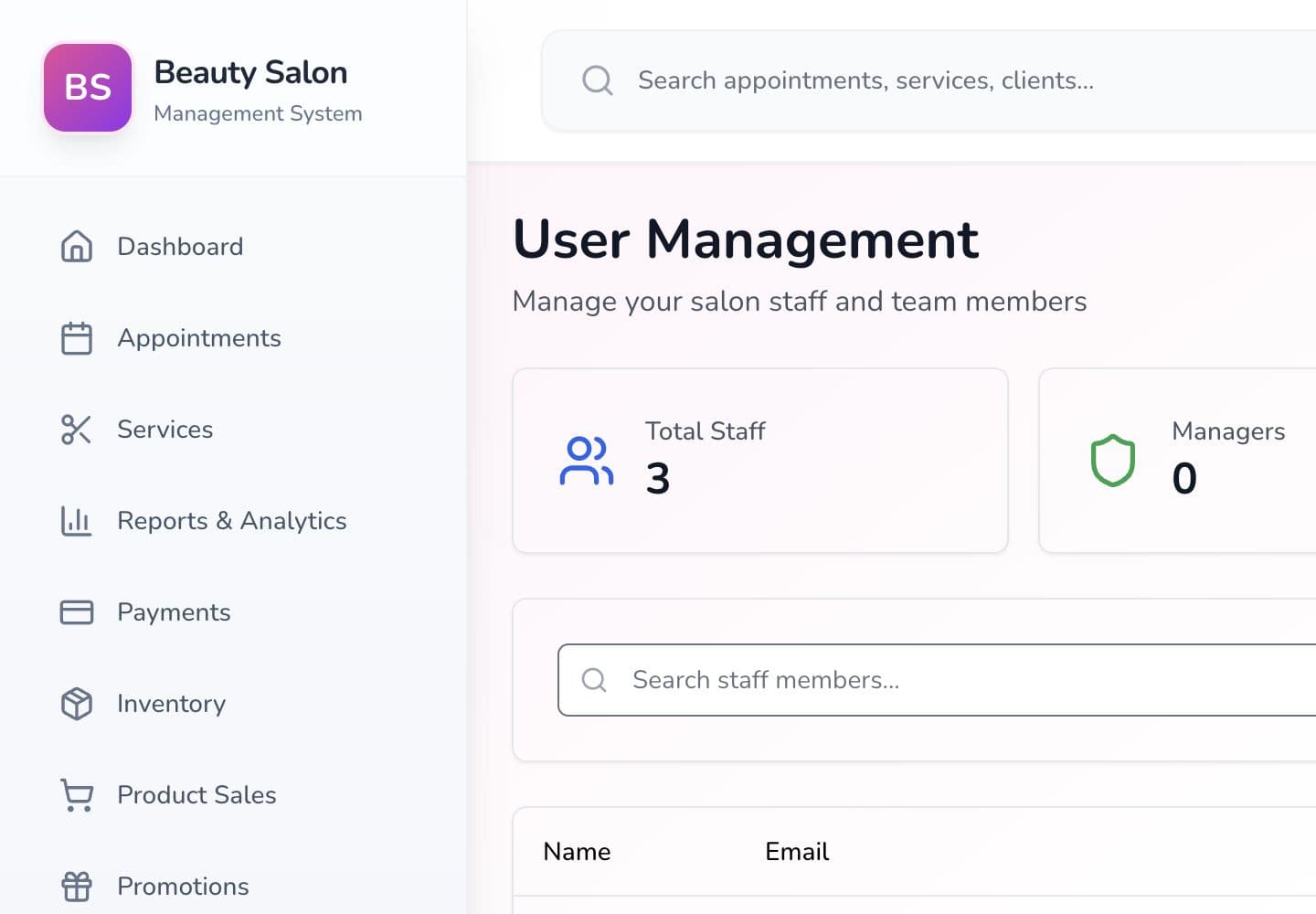 Beauty Salon Management Platform user management screen